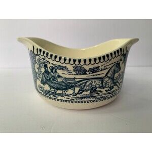 Vintage Currier & Ives Double Spouted Gravy Boat and Resting/Under Plate 1949-86